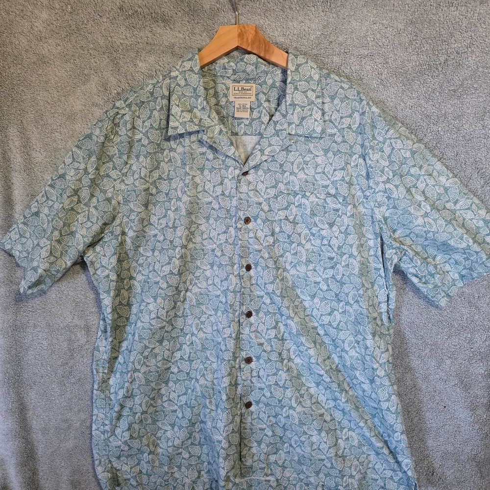 LL Bean Mens Shell Print Cotton Short Sleeve Button Down Shirt Teal XL 300229